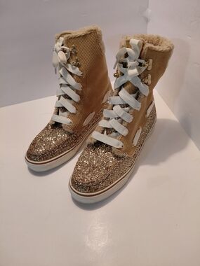 Sperry Women's Glitter Lace-Up High-Top Boots in Beige and Gold